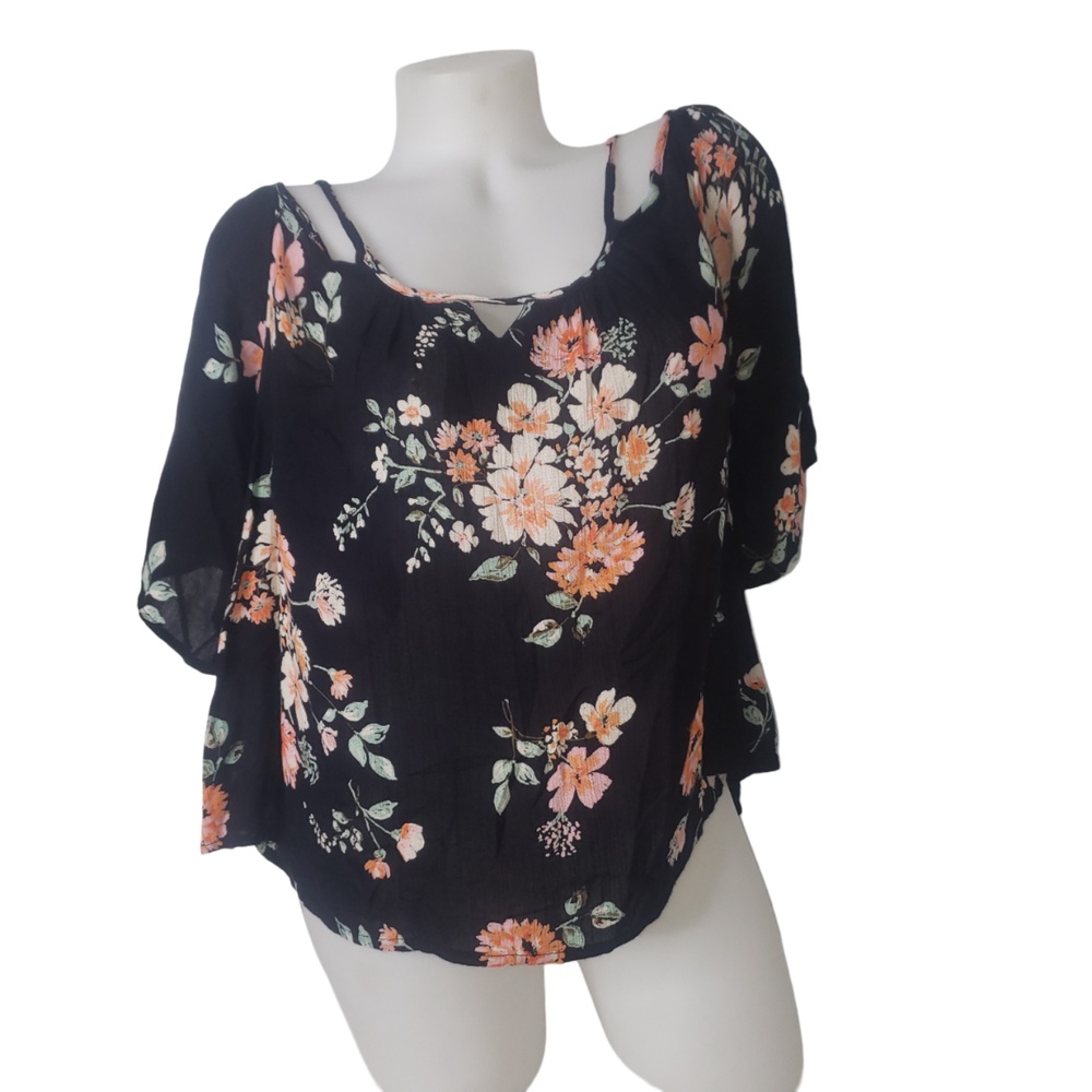 JAPNA Black Cold Shoulder Floral Print Top Size Medium